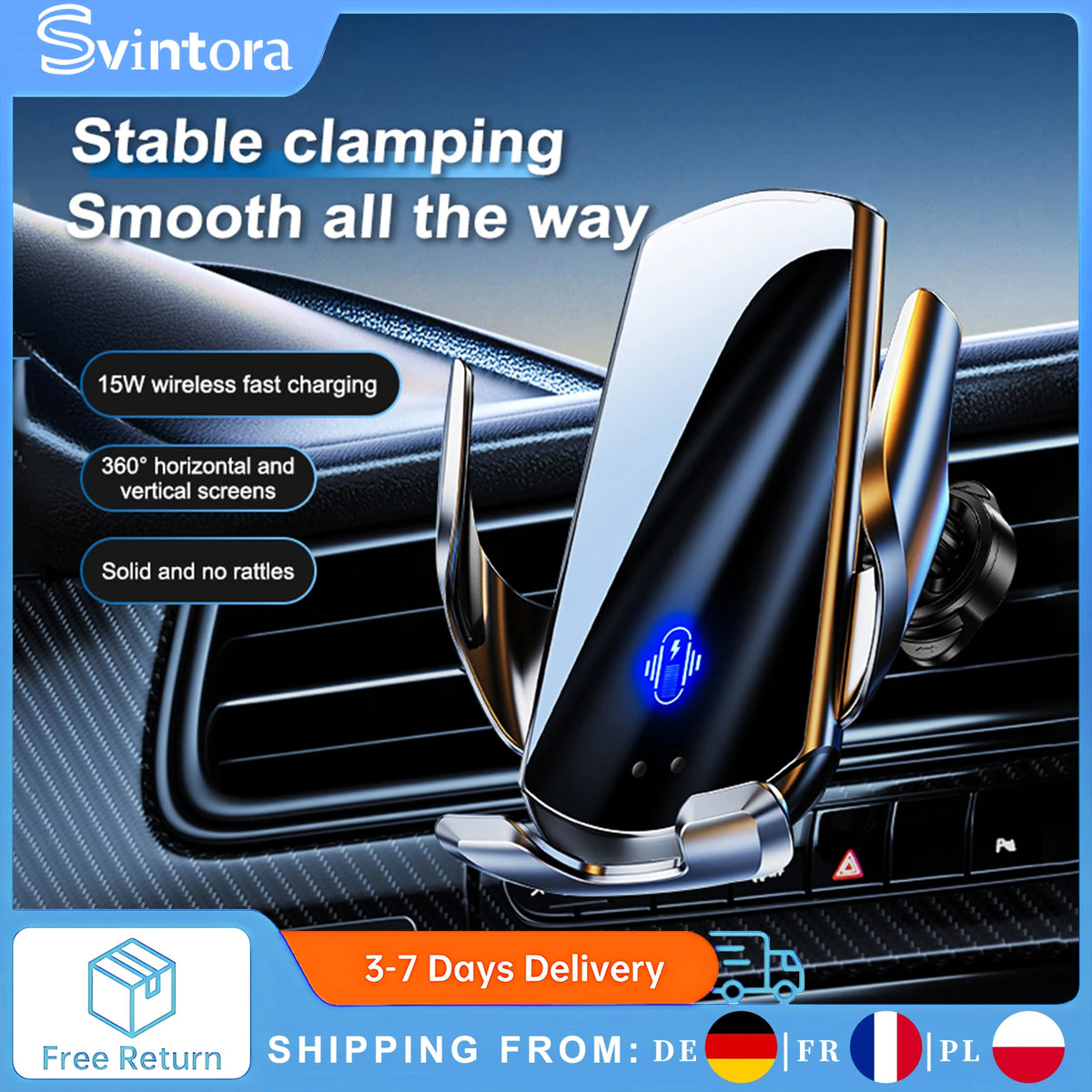 Chargeur Voiture Sans Fil 15W - Support Téléphone Grille d'Aération