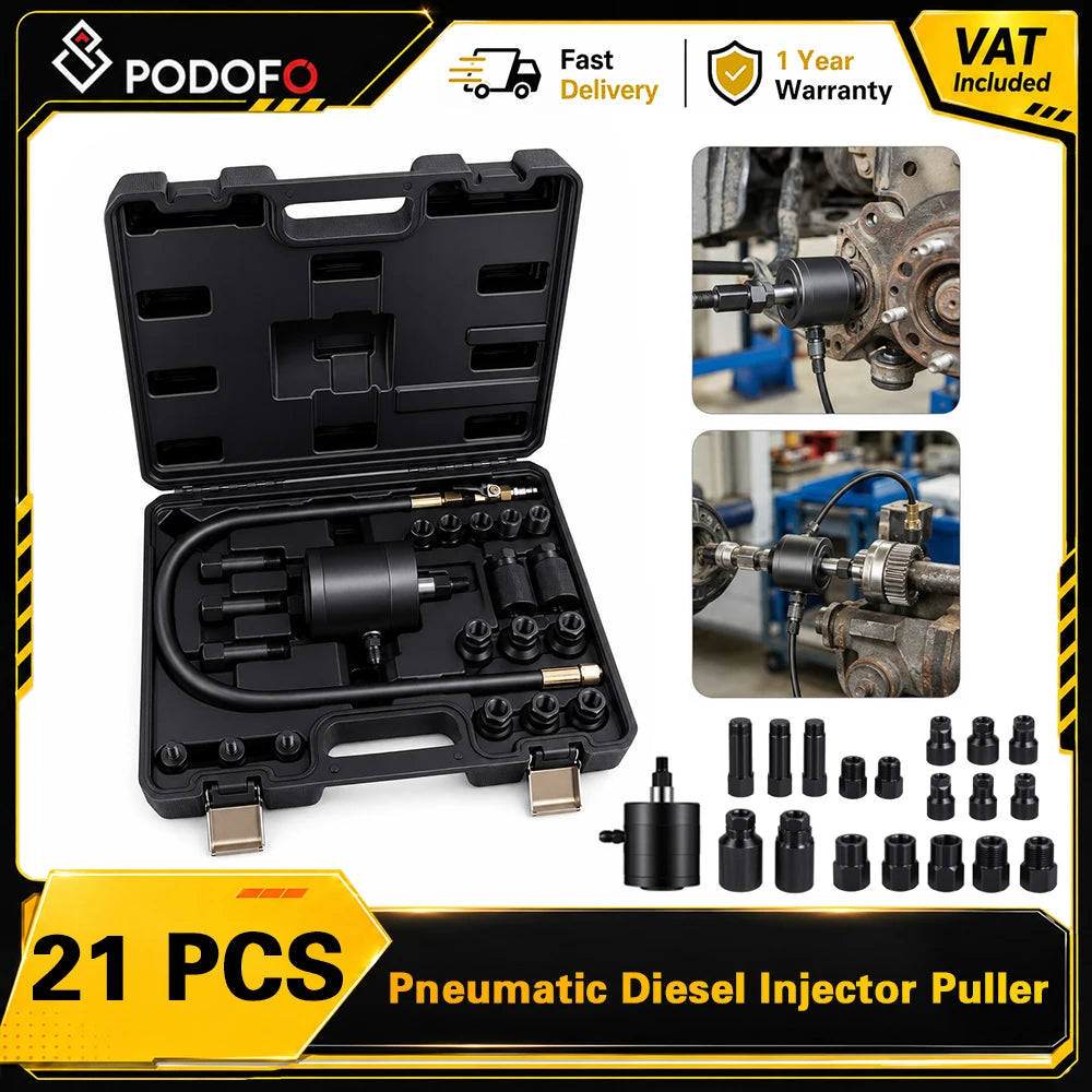 Kit d'Extracteurs d'Injecteurs Pneumatiques Podofo 21 Pièces — Bosch, Delphi, Denso, Siemens