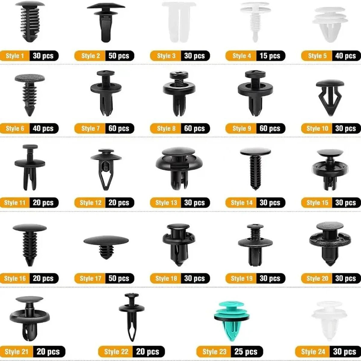Assortiment de 725 Clips de Fixation Automobile — 23 Tailles, Rivets Nylon + Outil de Retrait