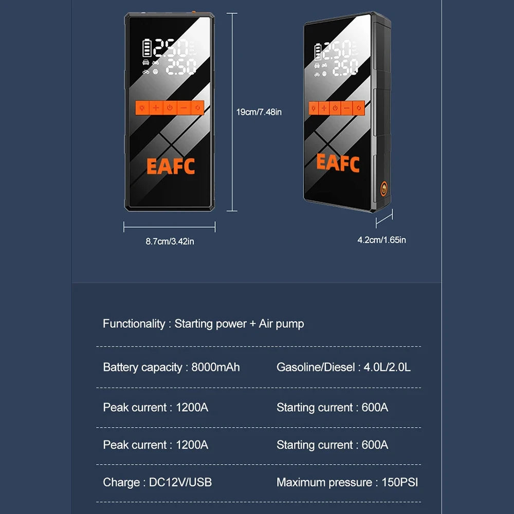 Booster de Batterie EAFC 1200A + Compresseur d'Air 2-en-1 Portable